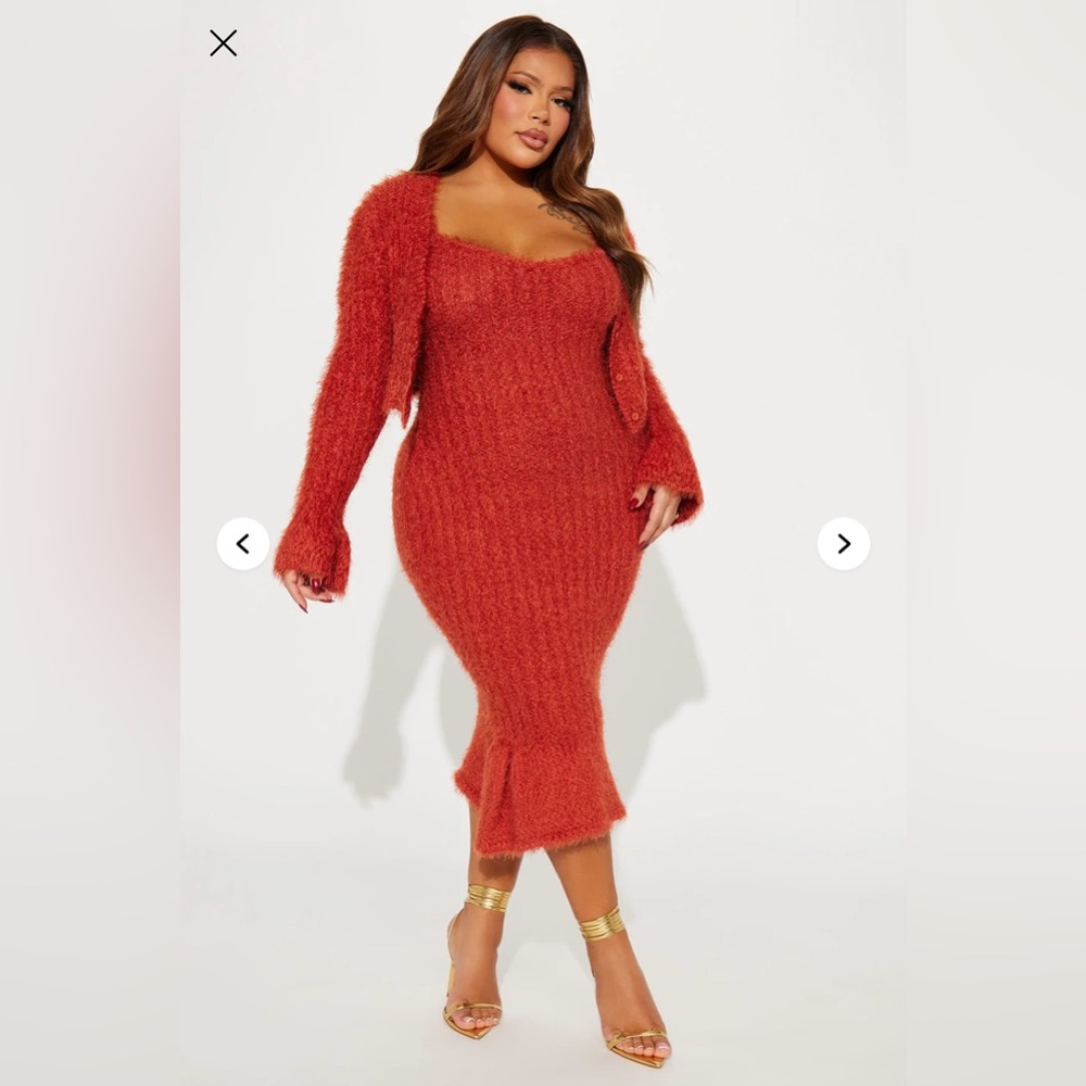 Fashion Nova Burnt Orange Ribbed Bell Sleeve Bodycon Dress